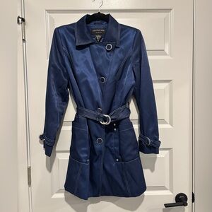 Centigrade Trench Coat Navy Blue Silver Jacket Belted Button Small Outerwear